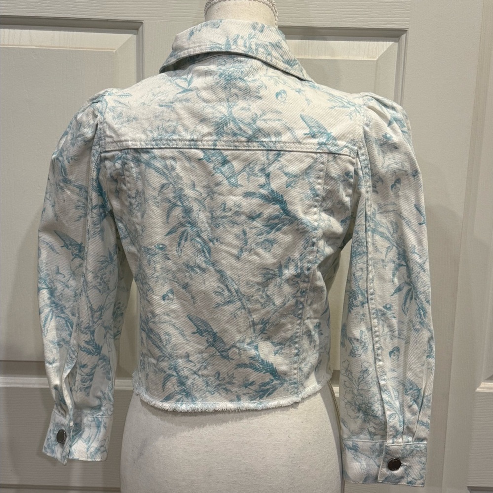 Elie Tahari Cropped Denim Jacket Floral Puff Sleeve Blue White Size S - Picture 6 of 7